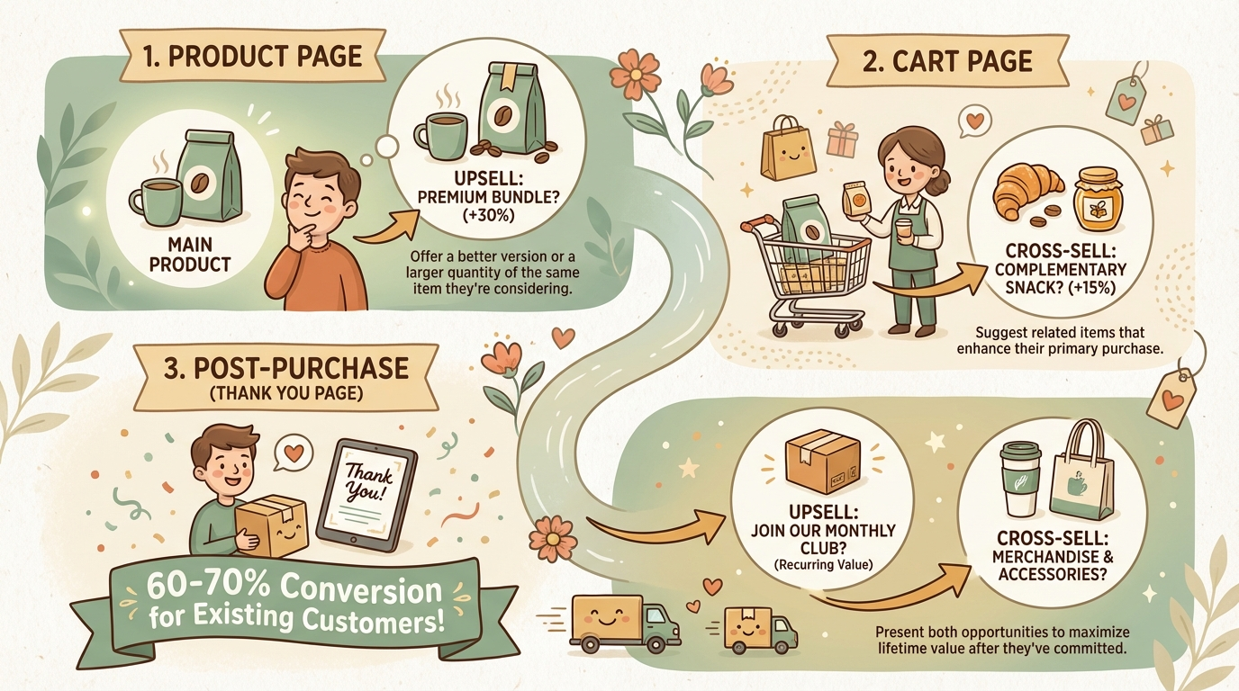 Sales funnel showing when to use cross-selling vs upselling