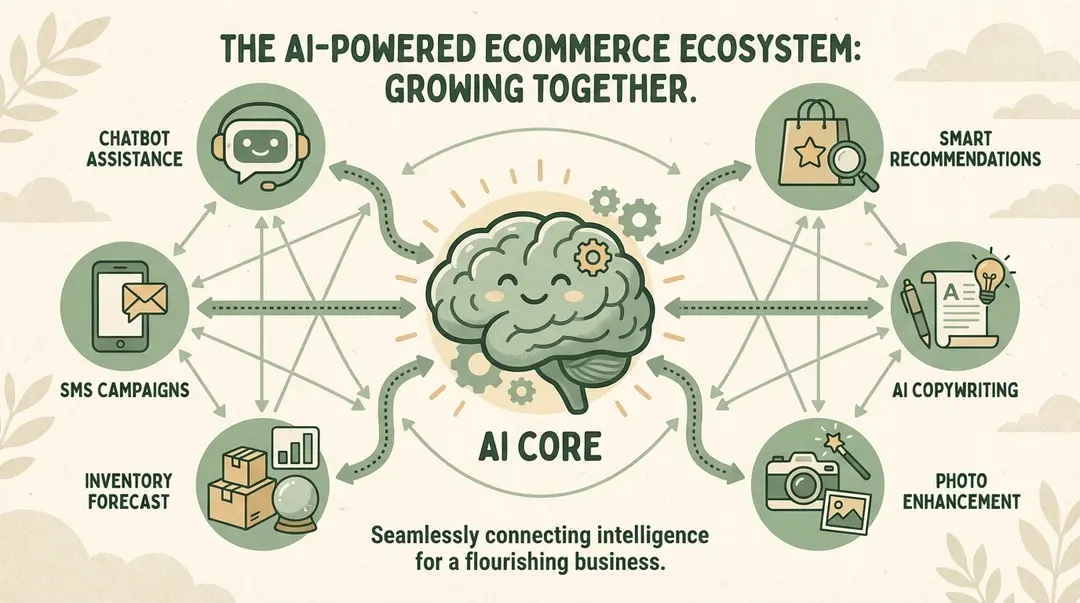 AI apps ecosystem for Shopify showing connected tools for chatbots, product recommendations, inventory forecasting, and marketing automation