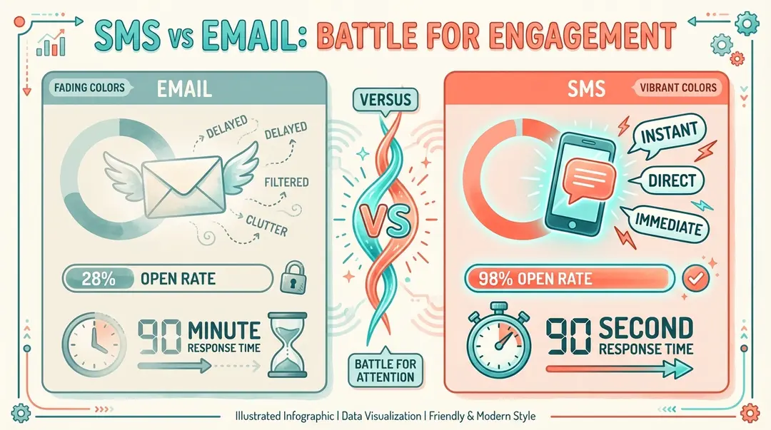 Side-by-side comparison of email and SMS marketing showing 98% SMS open rate versus 28% email open rate and 90 second SMS response time versus 90 minute email response time