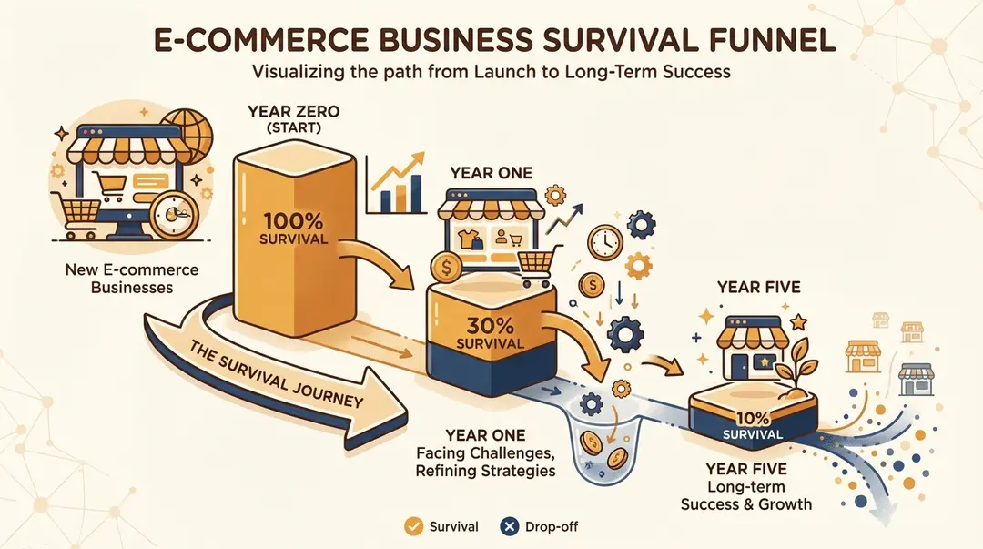 Visualization of Shopify store survival rates showing steep decline from launch to year one, with only 30% of stores surviving