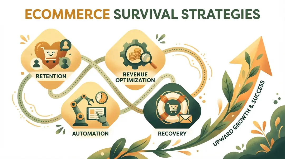 Four connected strategy icons showing retention, revenue optimization, automation, and recovery as key survival strategies for e-commerce stores